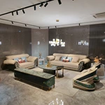 Beige Leather Sofa Set with Natural Marble Inlay, Gold Foil Embossing & Drawstring Craftsmanship